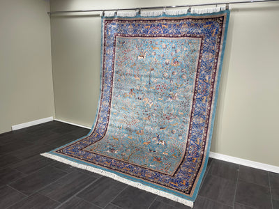 Animal Patterned Silk Rug, Ice Blue Rug, 100% Bamboo Silk Carpet, Size: Ft: 6.6 x 9.8 Feet ( 200X300 Cm ) - Oriental Silk Rugs