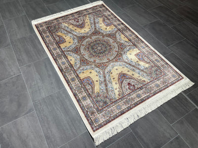 Turkish Traditional Silk Carpet, Cream & Yellow Silk Rug, 100% Bamboo Silk, Size 3.9 x 5.9 Feet ( 120x180 Cm ) - Oriental Silk Rugs