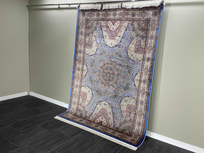 Oriental Qum Design Silk Rug, Blue & Multicolor Rug, 100% Bamboo Silk , Size 5.2 x 7.5 Feet ( 160X230 Cm ) - Oriental Silk Rugs