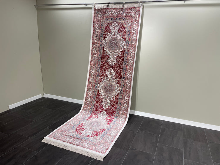 Classic Design Runner Silk Rug, Red Rug, 100% Bamboo Silk Carpet, Size: Ft: 3.3 x 9.8 Feet ( 100X300 Cm ) - Oriental Silk Rugs