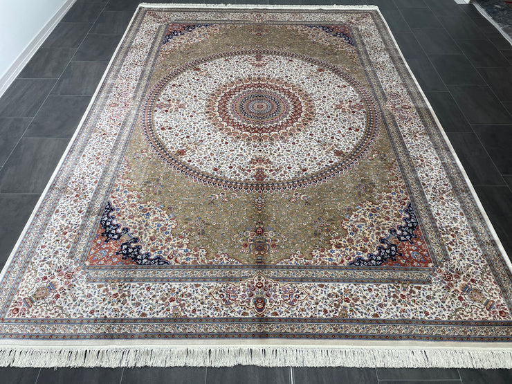 Classic Design Silk Rug, Cream & Brown Rug, 100% Bamboo Silk Carpet, Size: Ft: 8.2 x 11.5 Feet ( 250X350 Cm ) - Oriental Silk Rugs