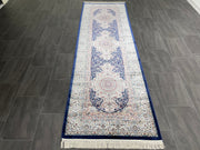 Turkish Entryway Silk Rug, Blue Rug, 100% Bamboo Silk Carpet, Size: Ft: 3.3 x 9.8 Feet ( 100X300 Cm ) - Oriental Silk Rugs