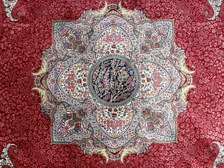 Medalion Design Round Silk Rug, Red Rug, 100% Bamboo Silk Carpet, Size: Ft: 6.6 x 6.6 Feet ( 200X200 Cm ) - Oriental Silk Rugs
