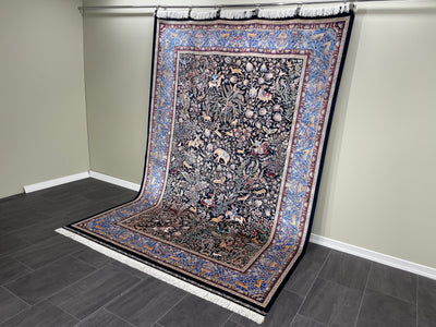 Animal Patterned Silk Rug, Navy Blue Rug, 100% Bamboo Silk Carpet, Size: Ft: 6.6 x 9.8 Feet ( 200X300 Cm ) - Oriental Silk Rugs
