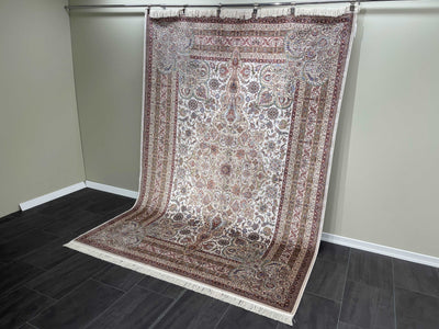 Classic Design Silk Rug, Cream Rug, 100% Bamboo Silk Carpet, Size: Ft: 6.6 x 9.8 Feet ( 200X290 Cm ) - Oriental Silk Rugs