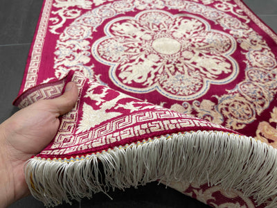 Angel Patterned Silk Rug , Qum Oriental Carpet , Red & Gold Silk Rug , Bamboo Silk Carpet , Size Ft 2.0 x 3.0 60X90 Cm - Oriental Silk Rugs