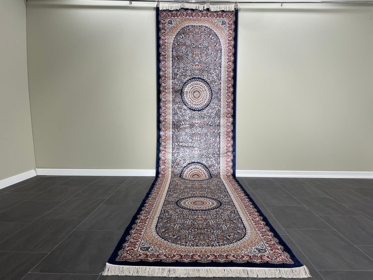 Traditional Runner Silk Rug, Navy Blue Rug, 100% Bamboo Silk Carpet, Size: Ft: 3.3 x 13.1 Feet ( 100X400 Cm ) - Oriental Silk Rugs