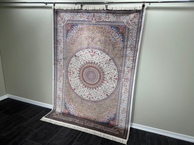 Anatolian Silk Rug, White & Multicolor Rug, 100% Bamboo Silk , Size 5.2 x 7.5 Feet ( 160X230 Cm ) - Oriental Silk Rugs
