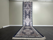 Turkish Silk Carpet, Navy Blue Rug, 100% Bamboo Silk Carpet, Size: Ft: 2.6 x 13.1 Feet ( 80X400 Cm ) - Oriental Silk Rugs