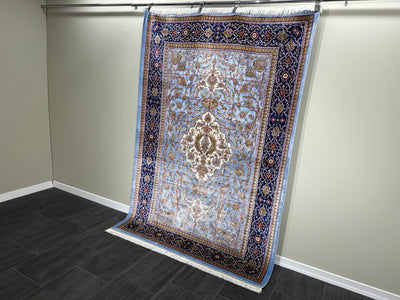 Classic Design Rug, Blue Rug, 100% Bamboo Silk Carpet, Size: Ft: 4.9 x 7.4 Feet ( 150X225 Cm ) - Oriental Silk Rugs
