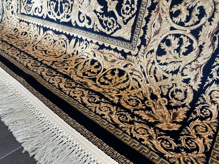 Angel Patterned Silk Rug, Navy & Gold Rug, 100% Bamboo Silk Carpet, Size: Ft: 4.9 x 7.4 Feet ( 150X225 Cm ) - Oriental Silk Rugs