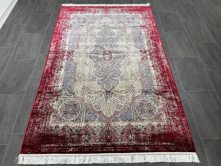Medallion Patterned Silk Rug, Cream & Red Silk Rug, 100% Bamboo Silk Carpet, Size: Ft: 4.9 x 7.5 Feet ( 150X230 Cm )