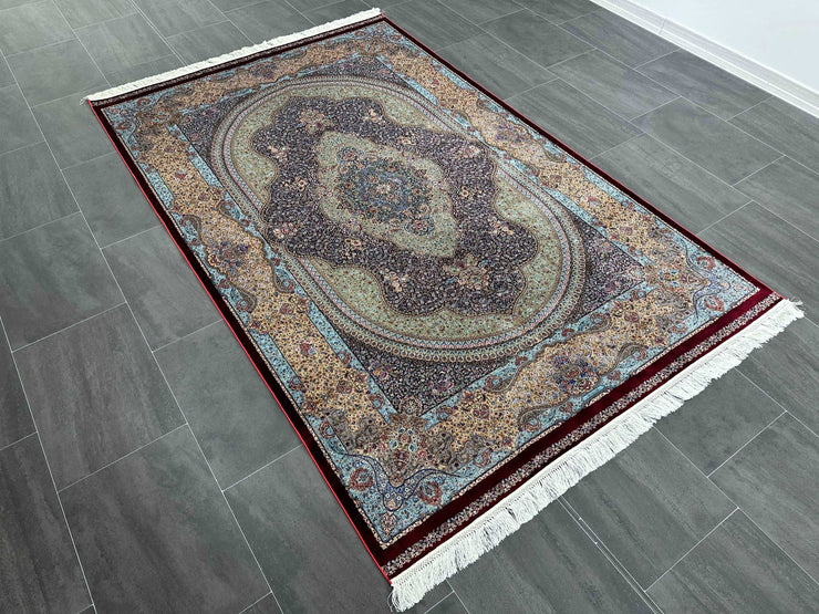 Turkish Classic Design Silk Rug, Area Silk Rug, Red and Blue Rug, 100% Bamboo Silk Carpet, Size: Ft: 4.9 x 7.5 ( 150X230 Cm ) - Oriental Silk Rugs