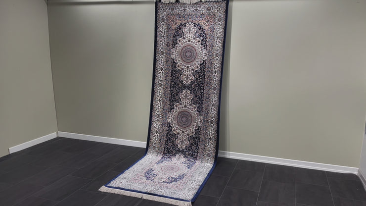 Turkish Entryway Silk Rug, Blue Rug, 100% Bamboo Silk Carpet, Size: Ft: 3.3 x 9.8 Feet ( 100X300 Cm )